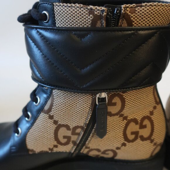 Womens Gucci Flores Ebony Mocha Guccissima Canvas Leather Moto Booties 3… - Picture 11 of 16